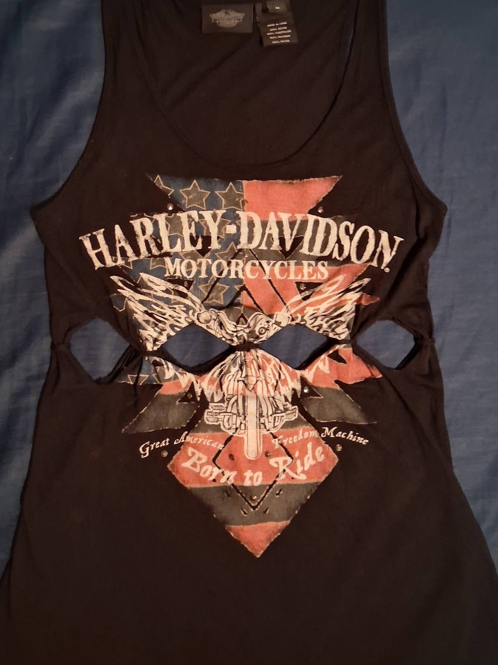 Black Harley-Davidson sleeveless graphic dress with cutouts